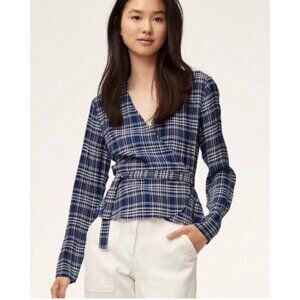 Aritzia Wilfred Free Blue and White  Shannon Plaid Wrap Top Size XS